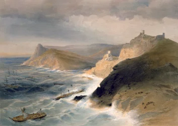 Gale fora do porto de Balaklava, 14 de novembro de 1854, placa de "O Assento da Guerra no Oriente", pub. por Paul e Dominic Colnaghi und Co., 1856